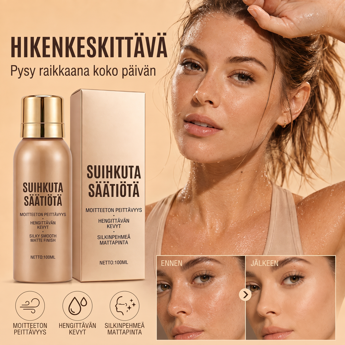 Vedenpitävä virheetön ilmasuihku-meikkivoide
