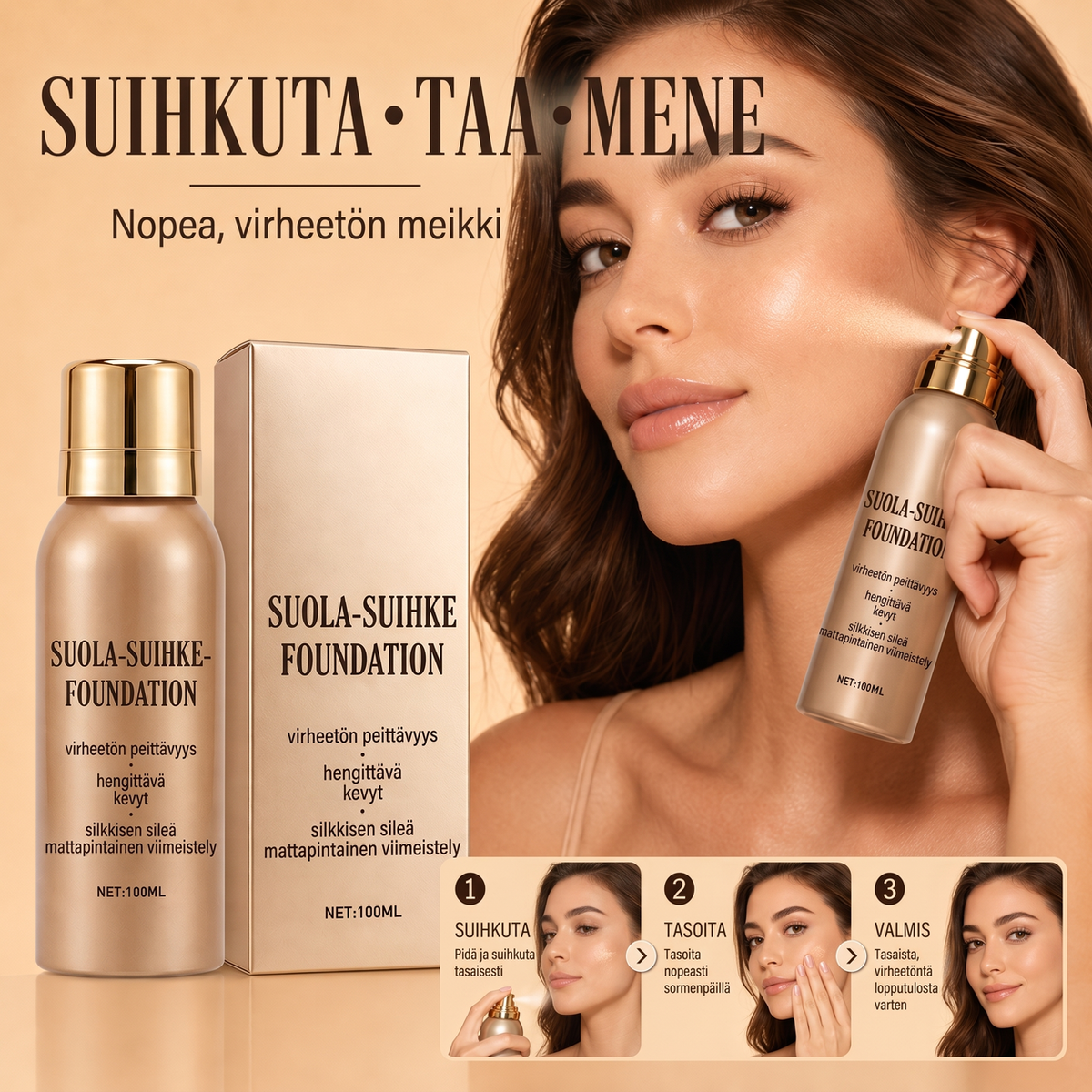 Vedenpitävä virheetön ilmasuihku-meikkivoide