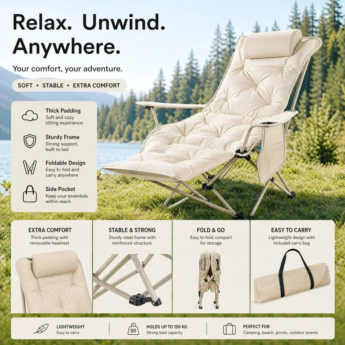 🏆 RAJOITETUN AJAN 60% ALENNUS! 🪑 Kannettava, säädettävä taittotuoli ulkokäyttöön – kevyt, tukeva ja monipuolinen! 🏕️✨