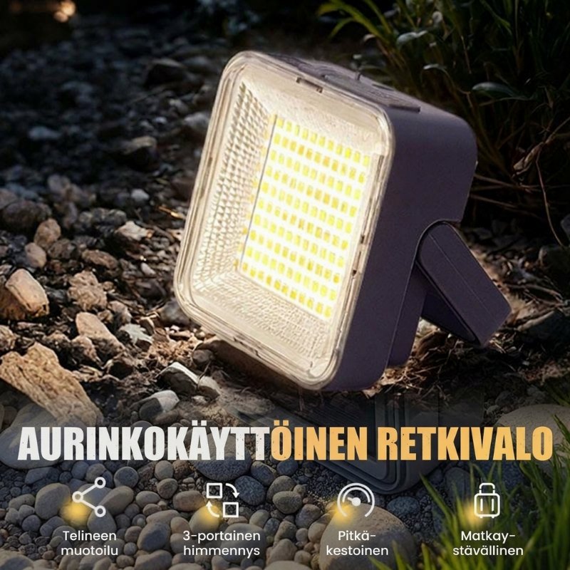 Kannettava ja vedenpitävä aurinkoenergialla toimiva retkeilyvalo