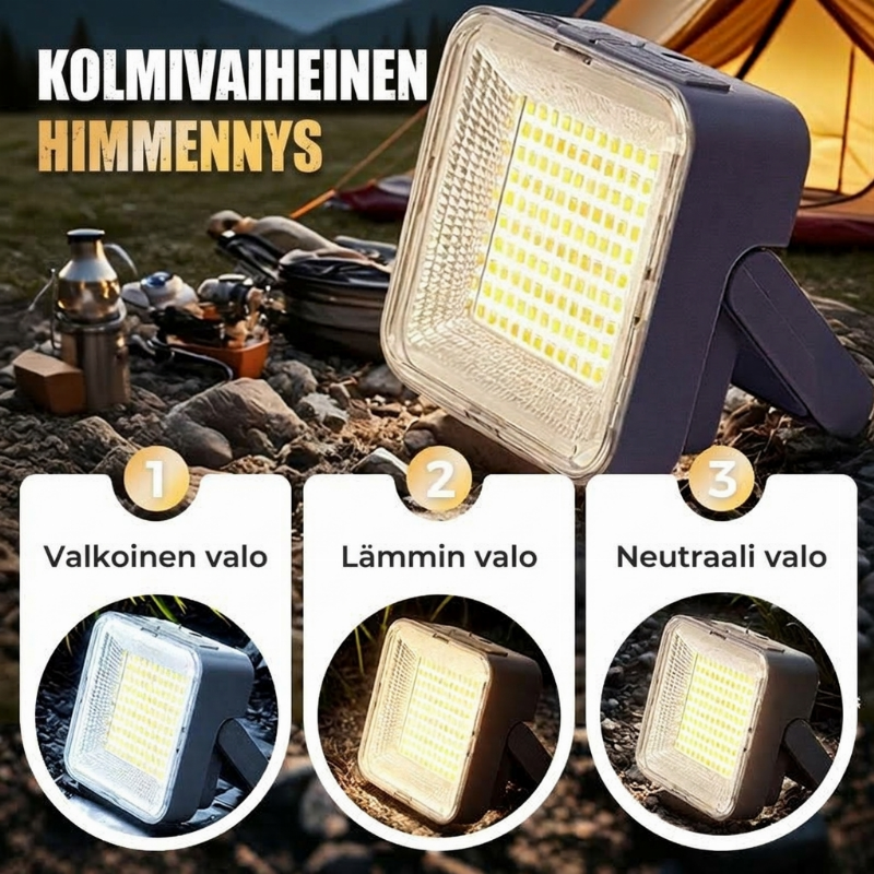 Kannettava ja vedenpitävä aurinkoenergialla toimiva retkeilyvalo