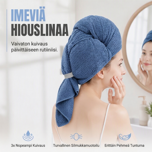 Mikrokuitulinen hiustenkuivauspyyhe joustinauhalla