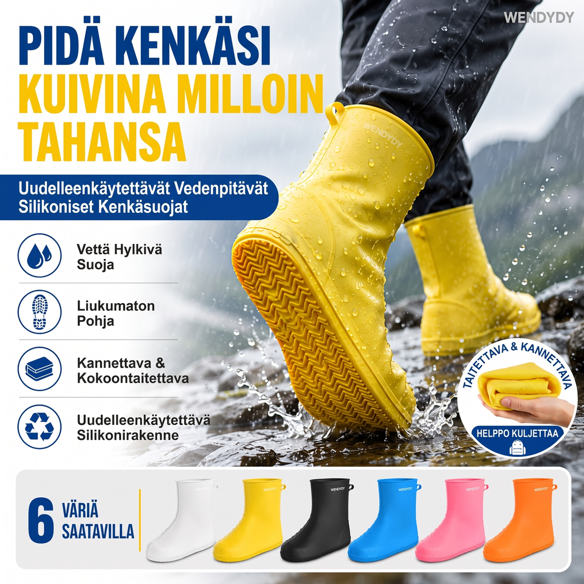 🌧️Uudelleenkäytettävät silikoni sadekengänsuojukset – liukumattomat, taittuvat vedenpitävät kengänsuojat ulkoiluun, matkustamiseen ja päivittäiseen käyttöön