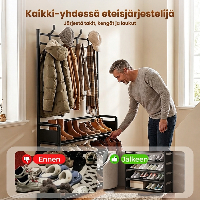 Monitoiminnallinen eteisen kenkä- ja takkiteline