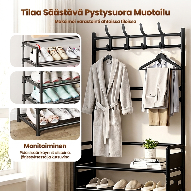 Monitoiminnallinen eteisen kenkä- ja takkiteline