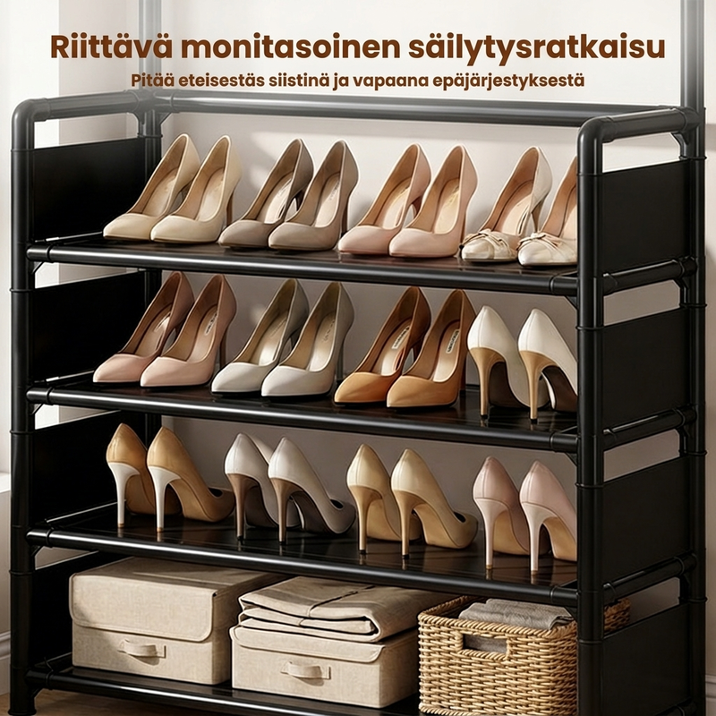 Monitoiminnallinen eteisen kenkä- ja takkiteline