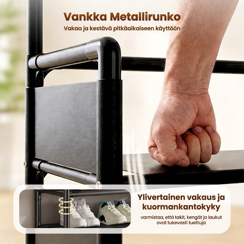 Monitoiminnallinen eteisen kenkä- ja takkiteline