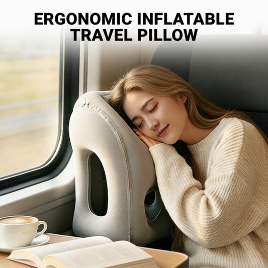 ✈️💤 Ergonominen puhallettava matkatyyny – 360° tukea päälle ja niskalle, hengittävä muotoilu ja helppo kuljettaa 🧳