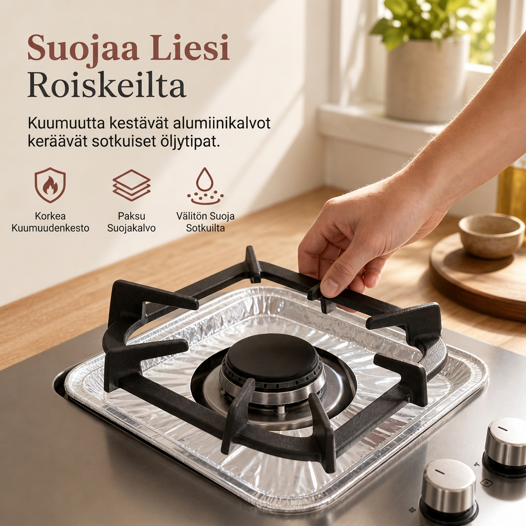 🍳 RAJOITETUN AJAN 50% ALENNUS! 🔥 10 kpl vahvoja foliokaasulieden polttimonsuojia – syvä vuotojen keräys ja keittotason suojaus 🛡️