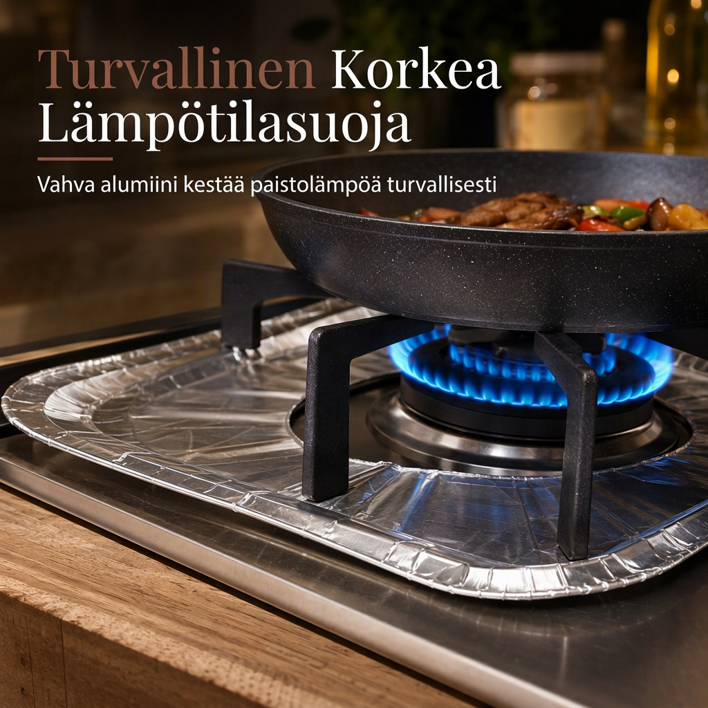 🍳 RAJOITETUN AJAN 50% ALENNUS! 🔥 10 kpl vahvoja foliokaasulieden polttimonsuojia – syvä vuotojen keräys ja keittotason suojaus 🛡️