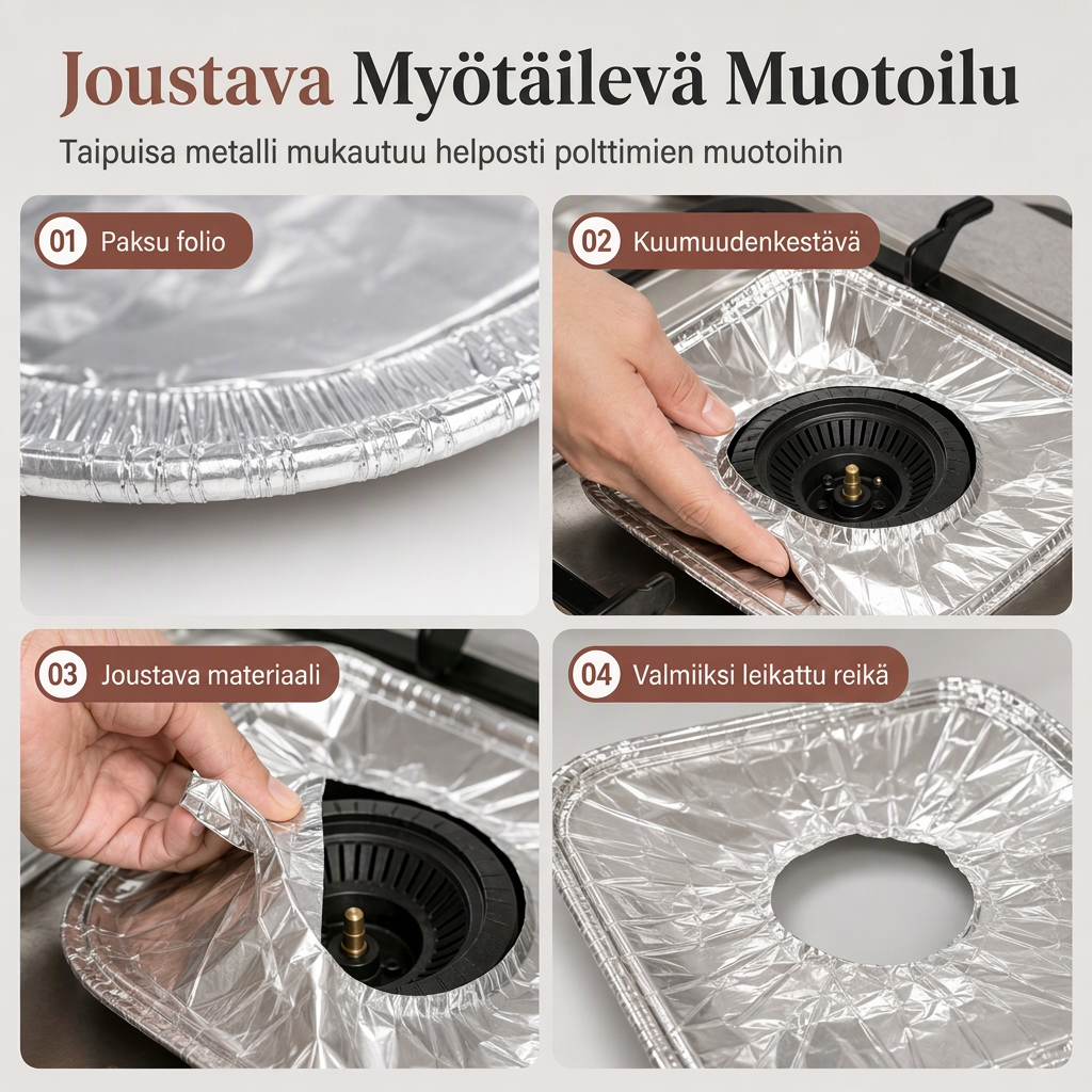 🍳 RAJOITETUN AJAN 50% ALENNUS! 🔥 10 kpl vahvoja foliokaasulieden polttimonsuojia – syvä vuotojen keräys ja keittotason suojaus 🛡️