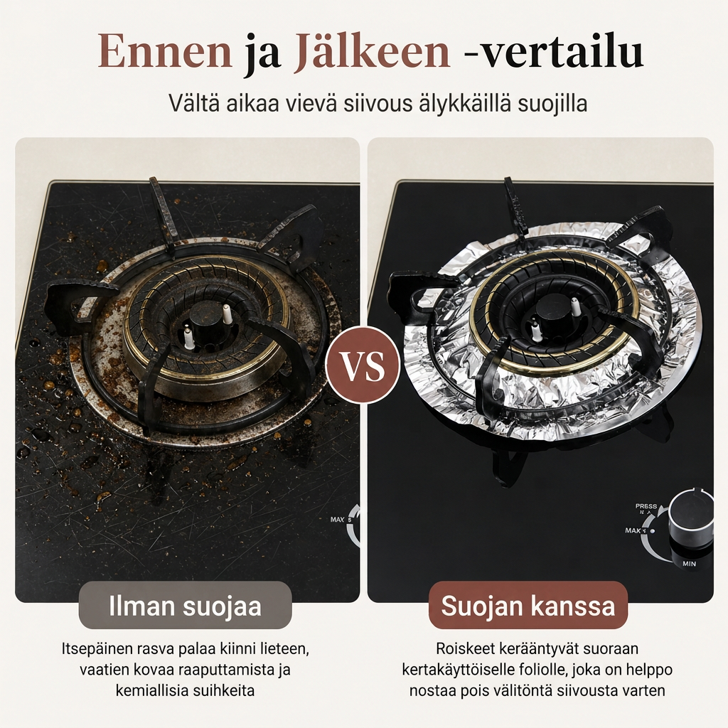 🍳 RAJOITETUN AJAN 50% ALENNUS! 🔥 10 kpl vahvoja foliokaasulieden polttimonsuojia – syvä vuotojen keräys ja keittotason suojaus 🛡️