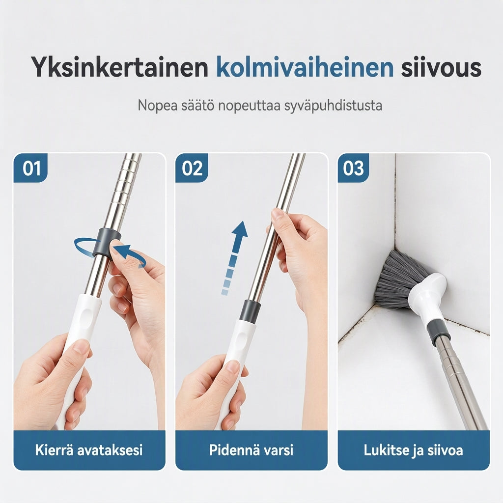 Jatkettava pitkävartinen kylpyhuoneen puhdistusharja wc- ja laattasaumojen puhdistukseen