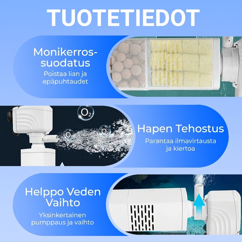 3-in-1-suodinuallas - suodatus, hapettuminen ja veden pumppaus