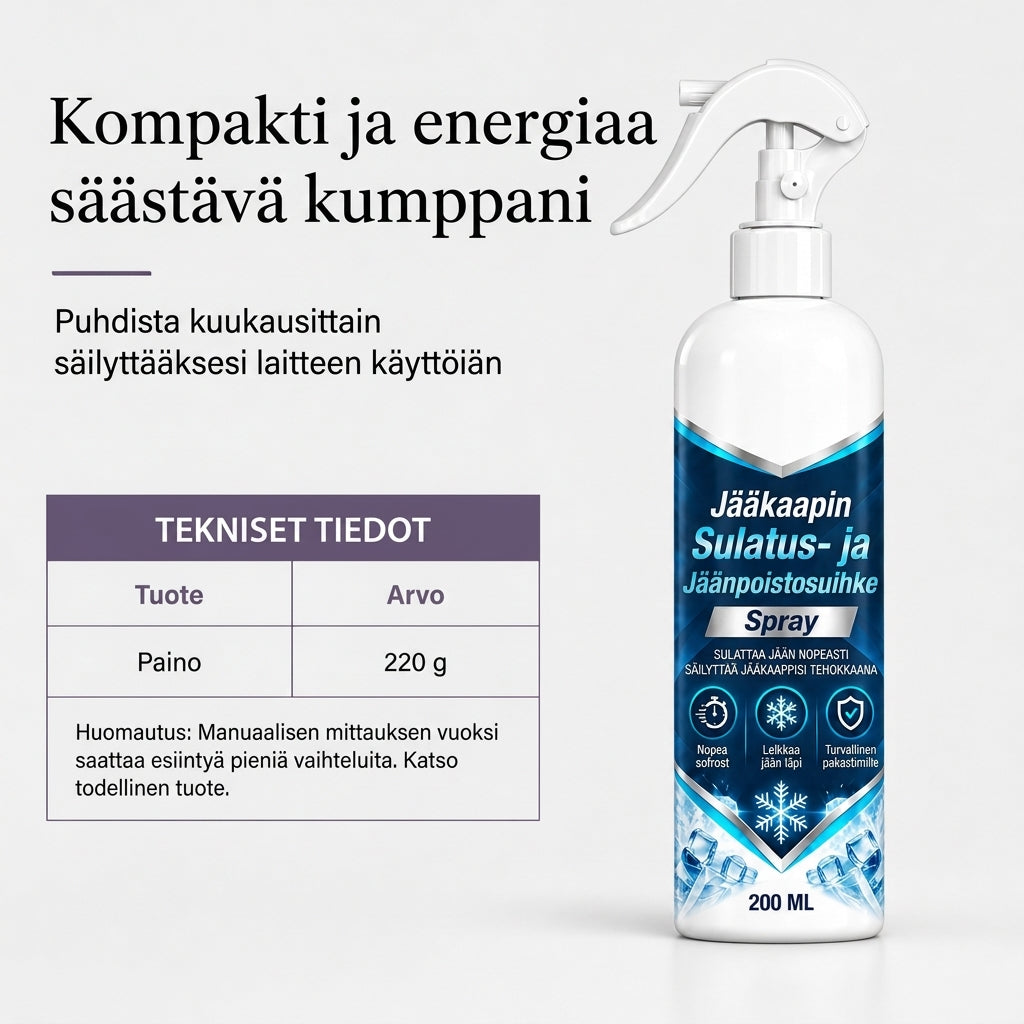 Jääkaapin ja pakastimen sulatus- ja jäänpoisto-suihke