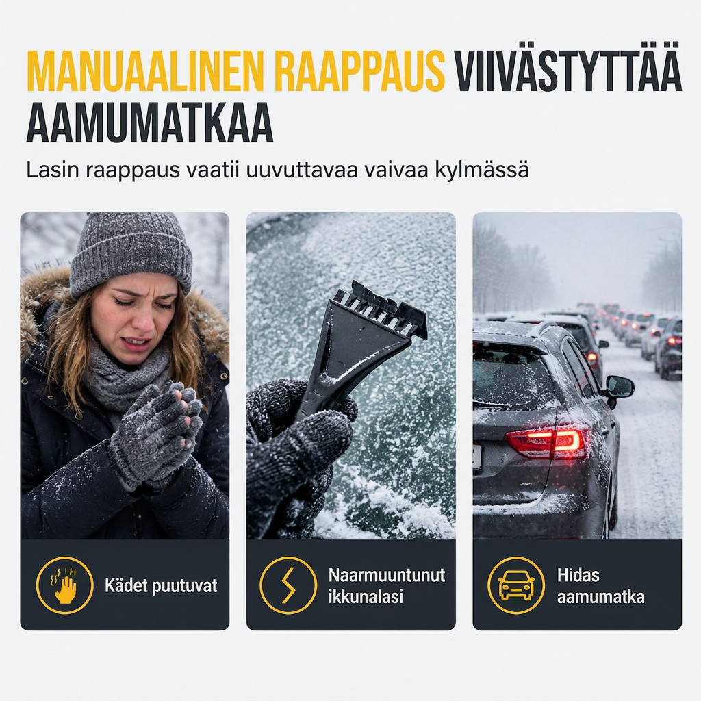 Sähköauton tuulilasin lumilapio ja jäänpoistotyökalu talviseen lumenpoistoon