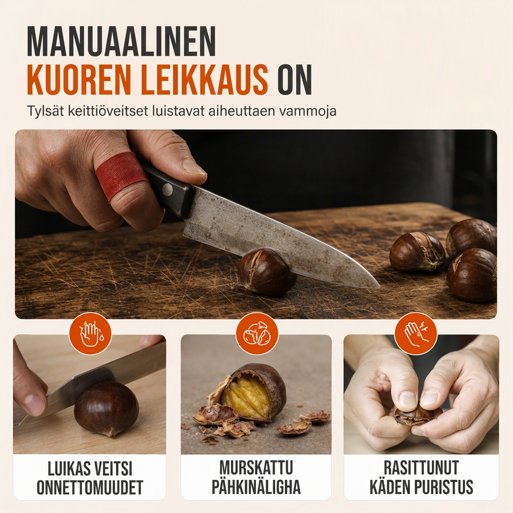 Ruostumattomasta teräksestä valmistettu kastanja- ja pähkinäsuppilo