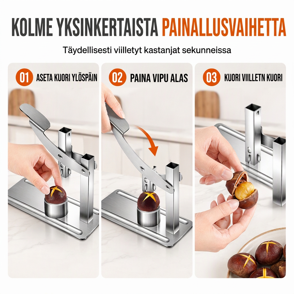 Ruostumattomasta teräksestä valmistettu kastanja- ja pähkinäsuppilo