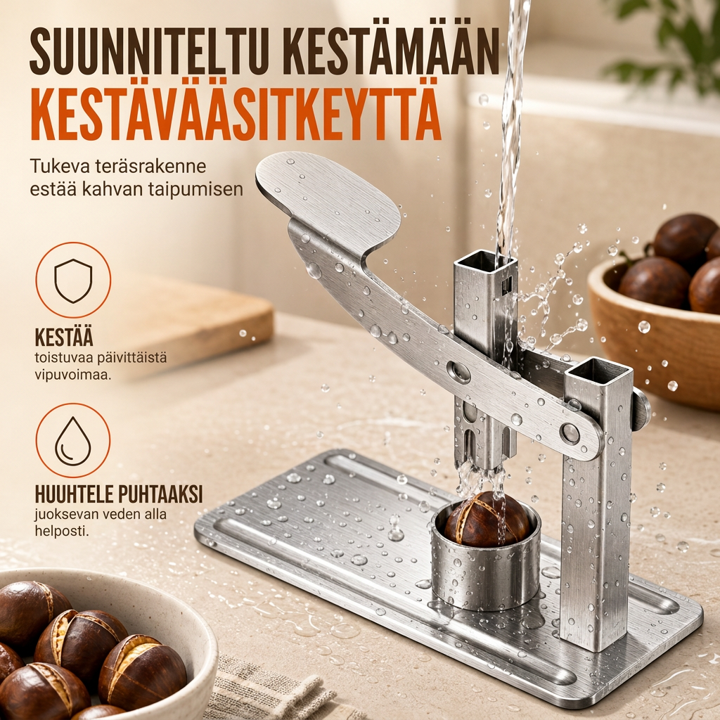 Ruostumattomasta teräksestä valmistettu kastanja- ja pähkinäsuppilo