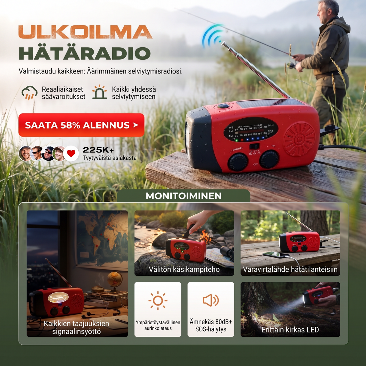 📻50% ALENNUS NYT! Monitoiminen kannettava aurinkoenergialla toimiva hätäradio – käsivirtakäyttöinen NOAA-sääradio taskulampulla, SOS-hälytyksellä ja puhelimen laturilla, selviytymisvaruste campingiin, myrskyihin ja sähkökatkoihin