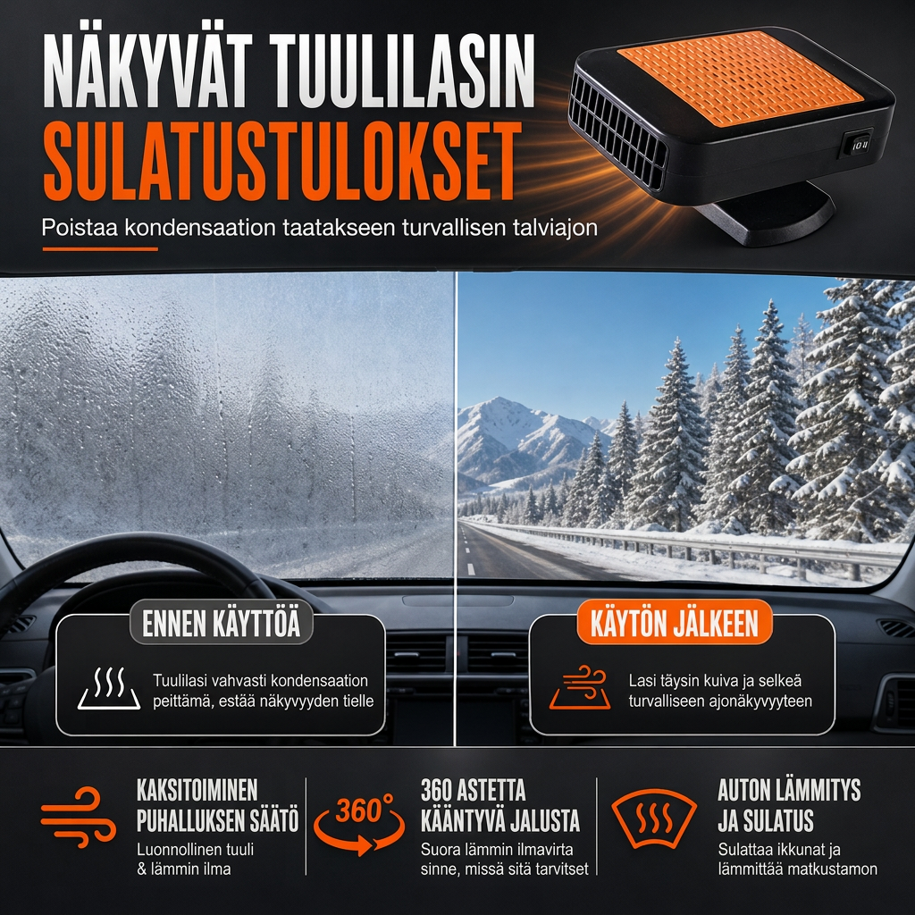 🔥 -52% ❄️🚗 Kannettava 12V auton tuulilasin sulatus- ja sumunpoistaja – ajoneuvon lämmitin ja tuuletin 🌀