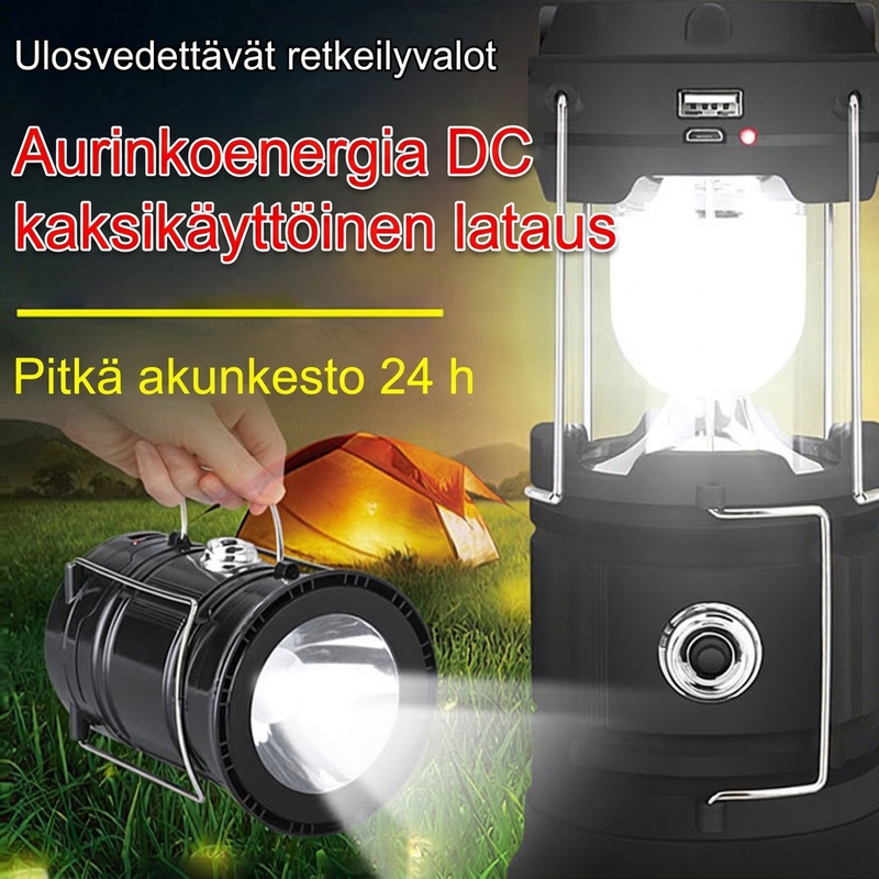 Aurinkovoimalla toimiva sisäänvedettävä camping-valaisin