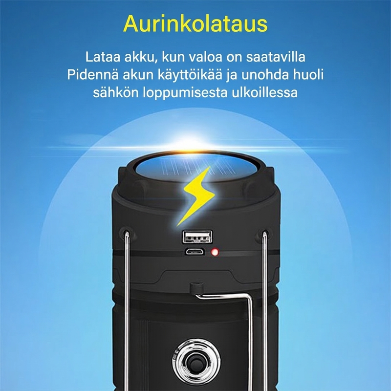 Aurinkovoimalla toimiva sisäänvedettävä camping-valaisin
