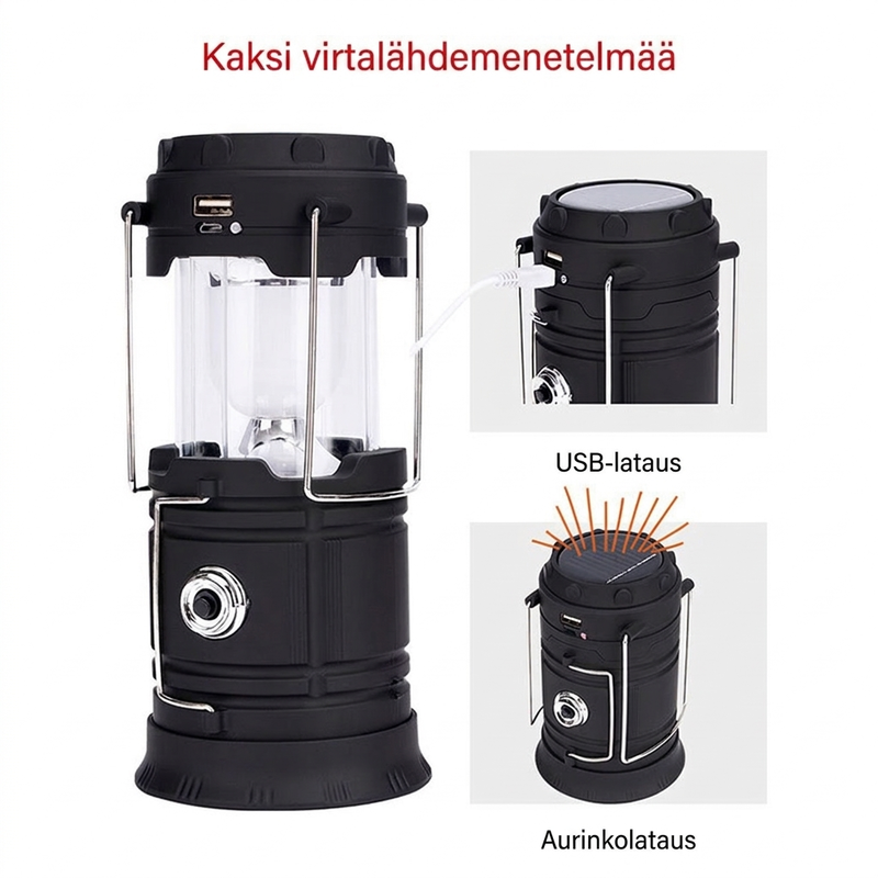 Aurinkovoimalla toimiva sisäänvedettävä camping-valaisin