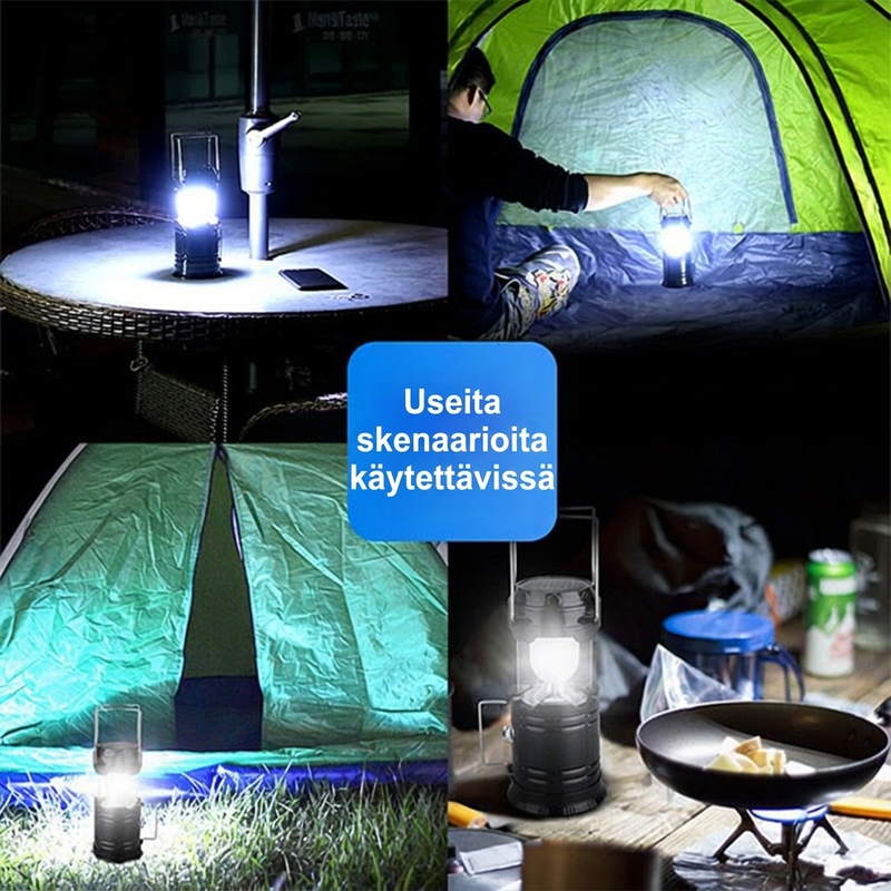 Aurinkovoimalla toimiva sisäänvedettävä camping-valaisin