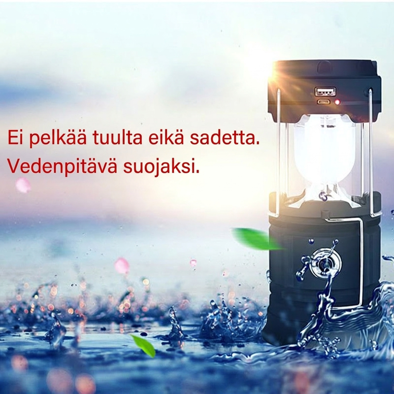 Aurinkovoimalla toimiva sisäänvedettävä camping-valaisin