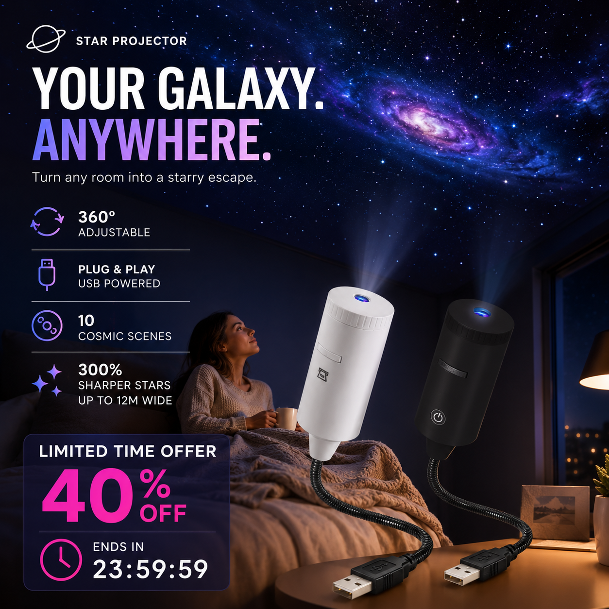 🌌🌙 USB-yövalo: Galaxy Moon -kuuprojektori – pyörivä tähtitaivas, rauhoittava nukkumistunnelma – maksa toimituksen yhteydessä ✨✅